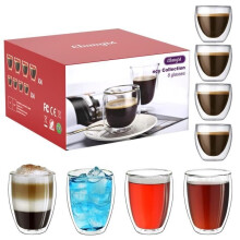 Set of 8 Glass Coffee/Espresso Cups 4X80ml, 4X250ml. Double-walled Coffee Cup Set, Original Espresso Cup.