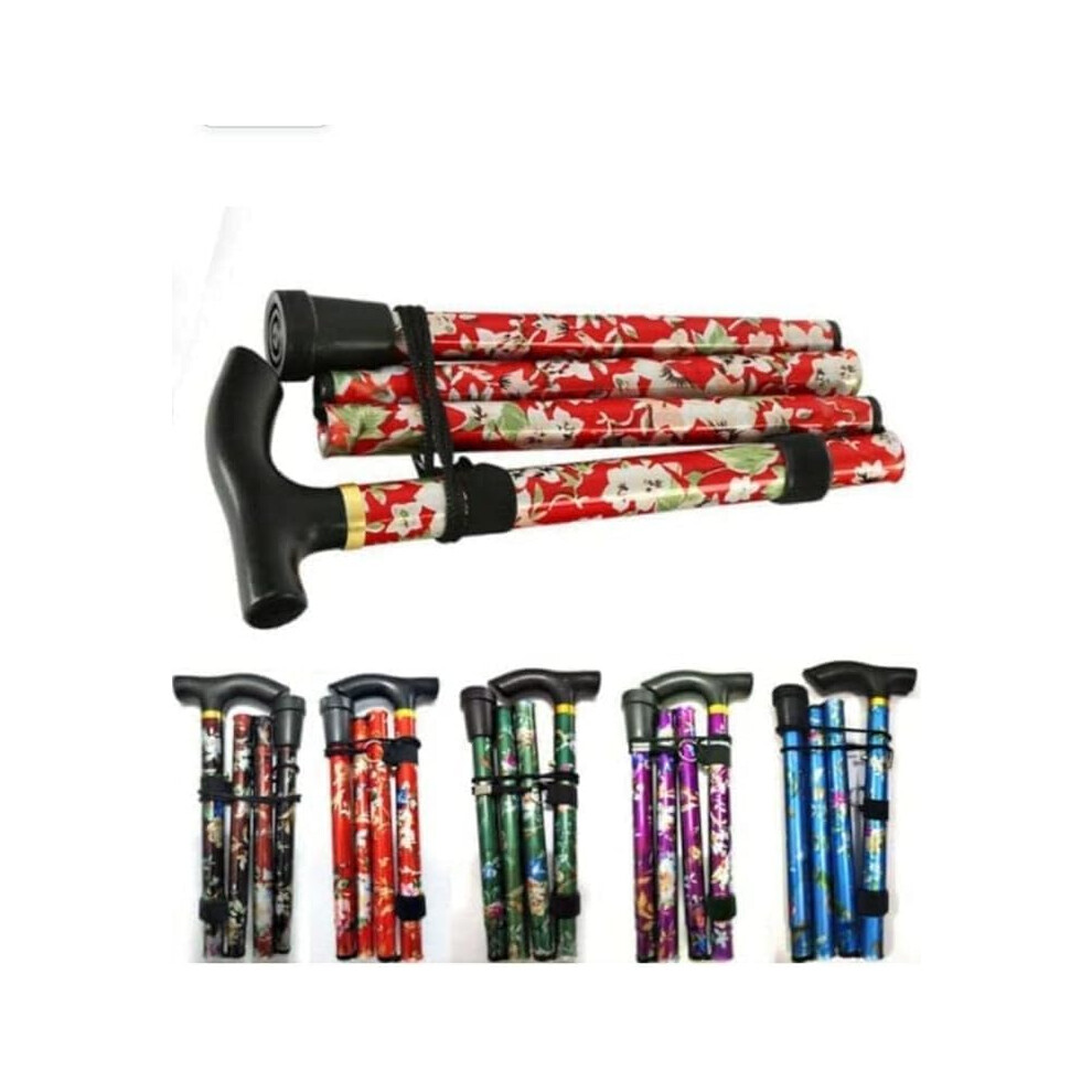 Black Adjustable Lightweight Folding Walking Cane For Seniors With Ergonomic Grip, Floral Design