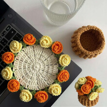 Crochet Flower Blanket Coasters DIY Handmade Vintage Rose Bouquet Material Pack Potted Plant Orange Yellow
