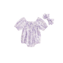 (3-6M, PURPLE) Grenouillères fleuries pour bébés filles, manches bouffantes, bodys d'été, combinaisons avec bandeau