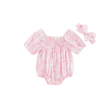 (0-3M, Pink) Grenouillères fleuries pour bébés filles, manches bouffantes, bodys d'été, combinaisons avec bandeau