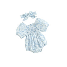 (9-12 Months, Blue) Grenouillères fleuries pour bébés filles, manches bouffantes, bodys d'été, combinaisons avec bandeau