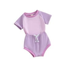 (6-12 Months, Purple) Ensemble 2 pièces bébé fille : T-shirt court et short élastique, couleurs contrastées, parfait pour l'été.