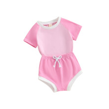 (3-6 Months, Pink) Ensemble 2 pièces bébé fille : T-shirt court et short élastique, couleurs contrastées, parfait pour l'été.