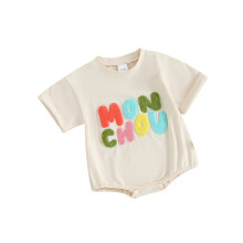 (0-3 Months, Apricot) Combinaison d'été pour nouveau-né, broderie, manches courtes, vêtements mignons pour bébés