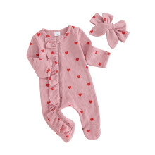 (3-6 Months, Pink) Tutina da bambina per San Valentino, maniche lunghe, girocollo, stampa cuori e volant, con fascia per capelli inclusa.