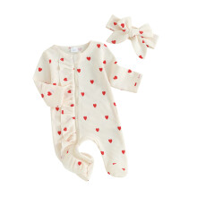 (Newborn, Beige) Tutina da bambina per San Valentino, maniche lunghe, girocollo, stampa cuori e volant, con fascia per capelli inclusa.