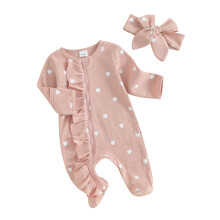 (3-6 Months, Multicolor) Tutina da bambina per San Valentino, maniche lunghe, girocollo, stampa cuori e volant, con fascia per capelli inclusa.