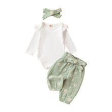 (12-18 Months, Green) Ensemble 3 pièces bébé fille : barboteuse blanche à manches longues, pantalon marguerites et bandeau.