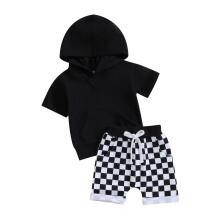 (6-12 Months, Black) Letní oblečení pro batolata, jednobarevná trička s kapucí, topy a kraťasy, sada 2 kusů
