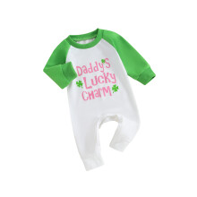 (3-6 Months, Green) Leaba Lá na hÉireann le Muinchille Fada agus Prionta Litreacha, Duilleog Seamair le Muineál Criú