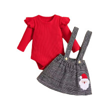 (12-18 Months, Magenta) Ensemble 2 pièces bébé fille : barboteuse côtelée brodée Père Noël, jupe bretelles pied-de-poule.