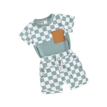(2-3 Years, Blue) Ensemble 2 pièces garçon : T-shirt à manches courtes à carreaux et short élastique, parfait pour l'été.