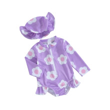 (18-24 Months, Purple) Tyttöjen haalariuimapuku hatulla, vetoketjullinen, röyhelö.
