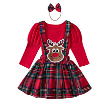(12-18 Months, Red) Ensemble de Noël pour bébé fille : barboteuse à manches bouffantes, jupe cerf et bandeau. Vêtements nouveau-né.