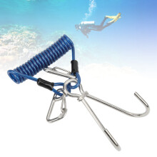 Stainless Steel Diving Hook with Spring Coiled Lanyard, Blue, Double End Snap Clip