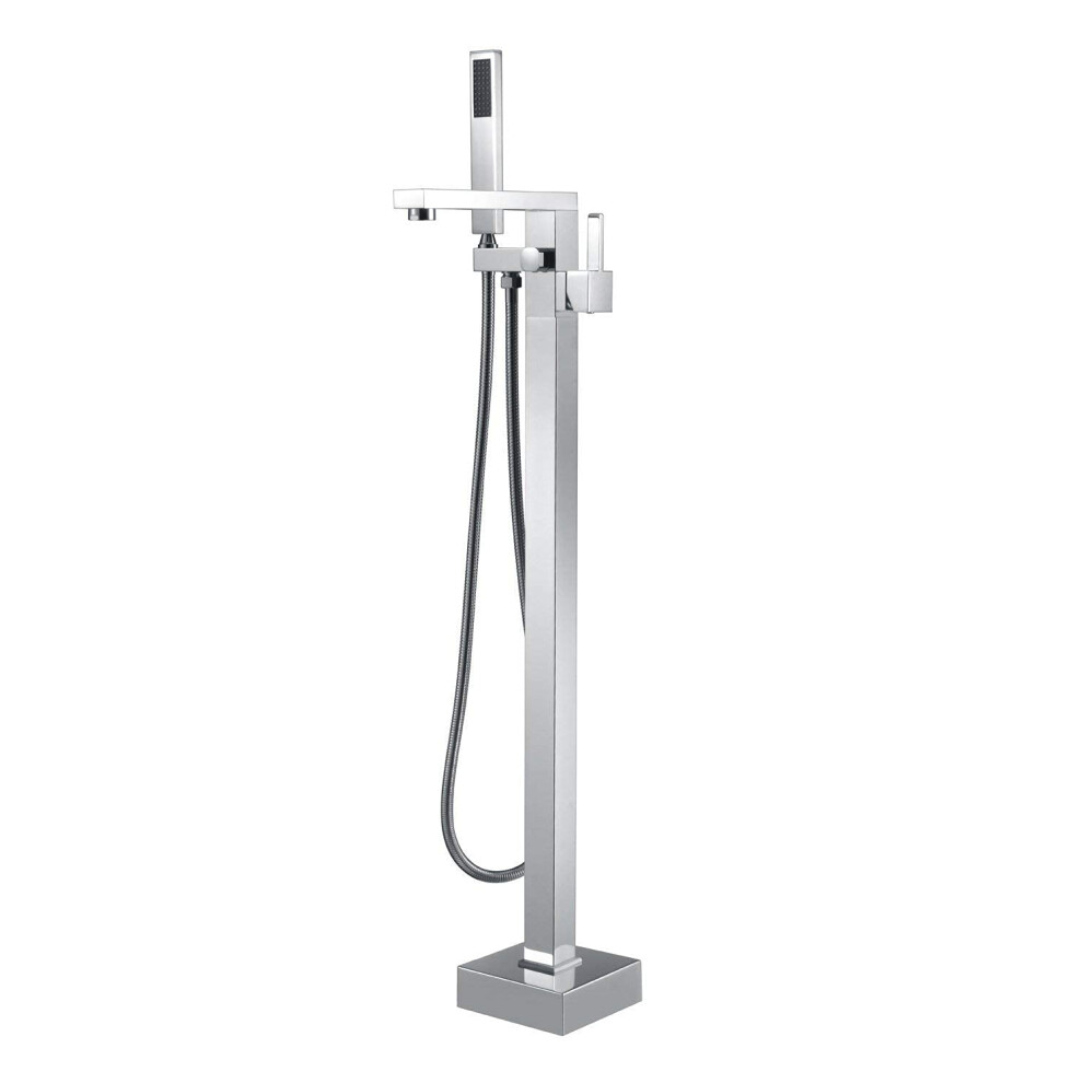 Freestanding Bathtub Faucet, Single Handle, Square Waterfall Spout, Brass, Floor Mounted, Hand Shower And Hose, Chrome 9199774132183