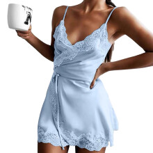 Camicia da notte da donna in seta con spalline sottili e inserti in pizzo trasparente, camicia da notte senza ferretto in raso e pizzo con scollo a V