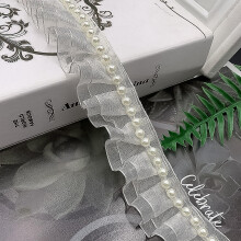 Elegant Ruffled Pearl Lace Trim Double Layer Pleated Organza Ribbon for Dressmaking 1 Yard