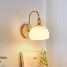 Wall Sconce Elegant Wood Wall Lamp With White Striped Glass, Golden Arm, E27 Socket, Indoor Lighting Fixture For Loft