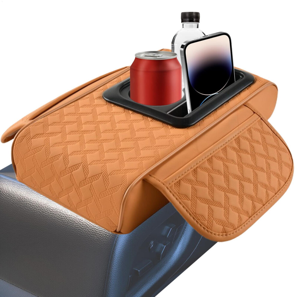 Leather Car Armrest Cover With Cup Holder And Phone Holder, Ergonomic Console Cushion Brown 9199774135542