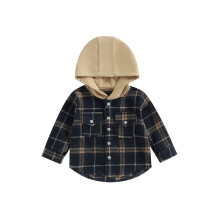 (18-24 Months, Black) Chlapecký podzimní ležérní kabát s kapucí a dlouhým rukávem, knoflíky, kostkovaný svrchní oděv s kapsami