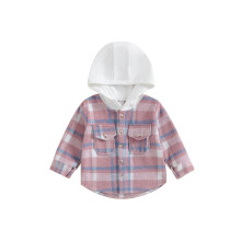 (18-24 Months, Pink) Chlapecký podzimní ležérní kabát s kapucí a dlouhým rukávem, knoflíky, kostkovaný svrchní oděv s kapsami