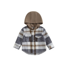 (12-18 Months, Auburn Brown) Chlapecký podzimní ležérní kabát s kapucí a dlouhým rukávem, knoflíky, kostkovaný svrchní oděv s kapsami
