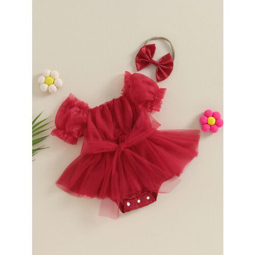 (6-12 Months, Red) Καλοκαιρινό φόρεμα κοντά και κορδέλα 1