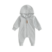 (0-3 Months, Gray) Combinaison bébé unie à manches longues, capuche et zip, vêtements d'automne garçons/filles