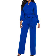 Tuta intera a maniche lunghe da donna, tuta elegante con pantaloni a gamba larga, scollo a V profondo e vita alta con tasche, tutina sexy ed elegante