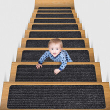 Stair Treads Non Slip Carpet Mats for Wooden Steps, Washable Self Adhesive Black and White Set of 15