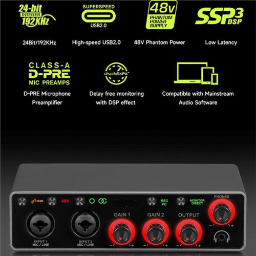 Portable Recording Sound Card Plug and  Computer Recording USB Audios Interfaces for Podcasters Studio 2