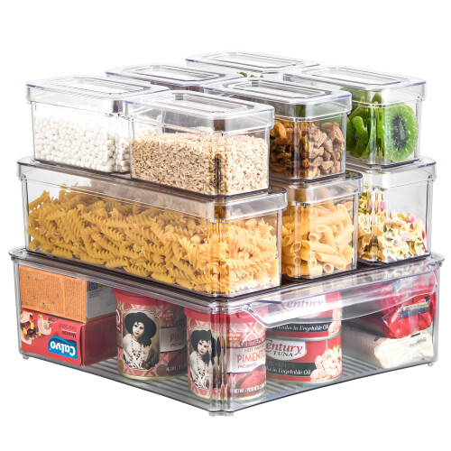 10 Pack Fridge Organisers with Lids, Bpa , 3 Sizes Stackable Clear Storage