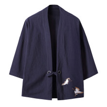 Men's Linen Kimono Jackets Cardigan with Print, Loose 3/4 Sleeve Bathrobe, Baggy Nightdress Top in Navy 4XL