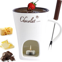 Chocolate Fondue Set with Forks, Ceramic Melting Cup with Tealight Holder for Desserts White