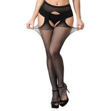 Dames netpanty, zwarte panty met visnetpatroon, hoge taille, jarretelpanty, dijhoge netpanty