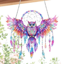 Owl Sun Catcher - Acrylic Hanging Owl Wall Decoration, Feathers Decorated Interior Accessory, 12 Inch Home Décor