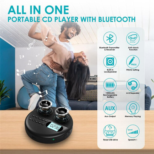 Portable CD Player,  CD Player with Speakers Rechargeable CD Player ASP LCD Display with AUX Cable for Car 1
