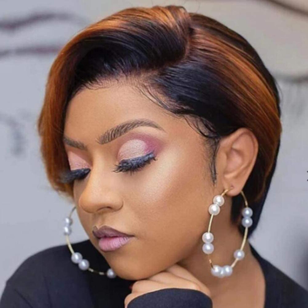 Unisex Black Short Pixie Cut Hair Wigs For Women Glueless Lace Front 6 Inch Bob Wig With Side Bangs In Mixed Ginger Blonde
