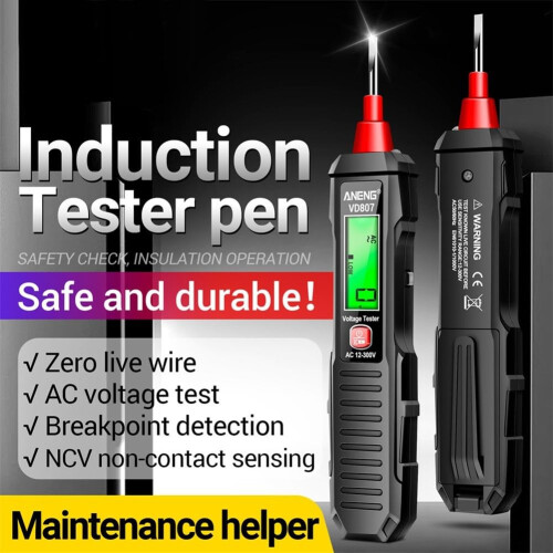 Voltage Tester Pen VD807 with LED, Precise Live Wire Detection, TwoColor Display, Red 1