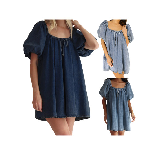 (S, Light Blue) Robe en jean look décontracté. 2