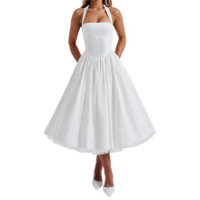 (M, White) Robe midi femme bretelles croisées.