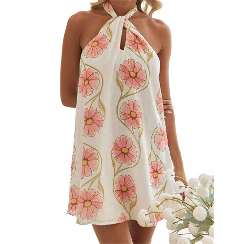 (M, White) Robe courte fleurie Vêtements décontractés.