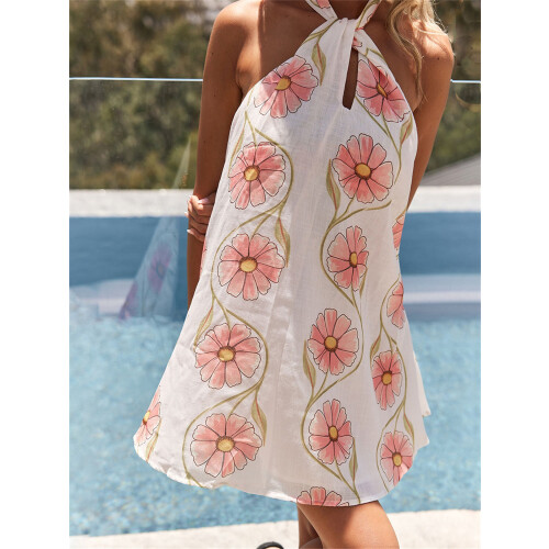 (M, White) Robe courte fleurie Vêtements décontractés. 2