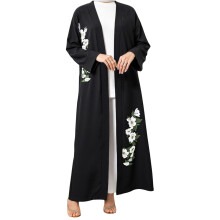 (XL, Black) Dames Abaya met open rug, bloemenpatroon, lange mouwen, Dubai Kaftan, gebedskleding, Dubai Jilbab