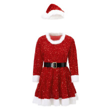 (M, Red) Costume de Noël pour femme, robe trapèze patchwork en fourrure brillante avec ceinture et chapeau
