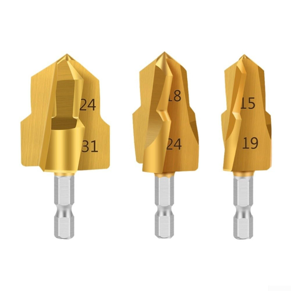 Titaniumcoated Step Drill Bit Set, 20Mm, 25Mm, 32Mm, 2X25mm, Hex Shank, For Expanding Holes In Ppr Pipes And Metals 9382693365514