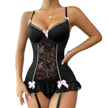Completo intimo sexy da donna, body con fiocco in pizzo e reggicalze, babydoll con perizoma, completo intimo floreale in pizzo, body con fiocco e