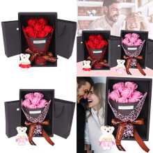 7 Soap Rose Gift Box Bouquet with Teddy | 29x19x9cm, Red/Pink/Blue/Purple